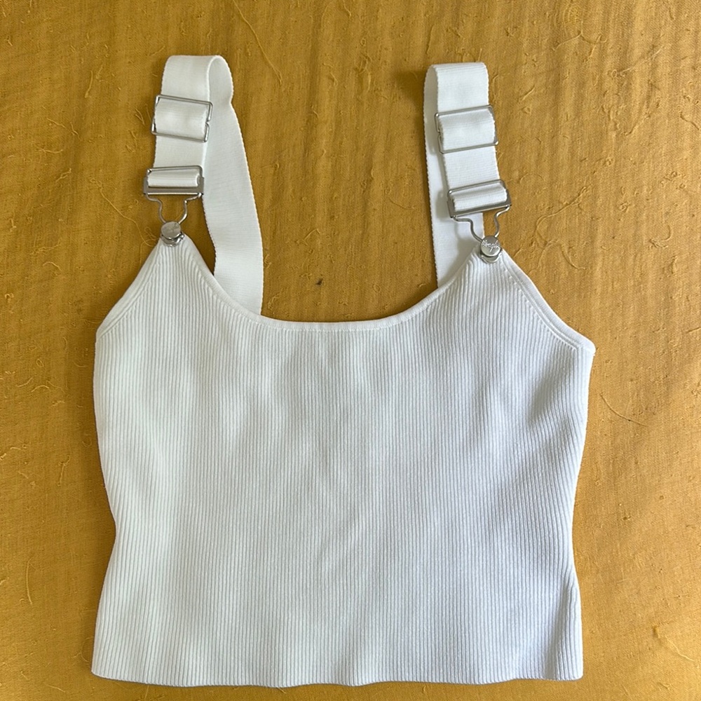 STAUD White Ribbed Tank Top with Buckle Straps